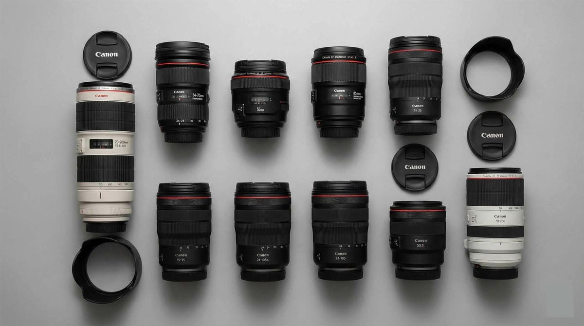 平拍視角展示整齊排列的 Canon EF 與 RF 鏡頭群,象徵完整的生態系與專業收購能力 / Layout of various Canon EF and RF lenses arranged neatly on a grey background, photography kit concept.
