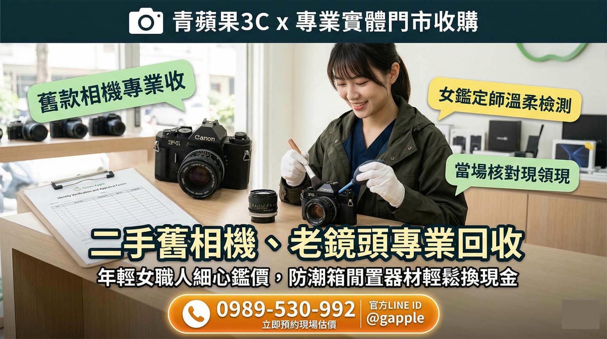 專業職人於實體門市安全明亮的環境下，檢測攝影工作室汰換的高單價 Canon EOS R5 無反相機與 RF 紅圈大三元鏡頭，進行高額現金估價